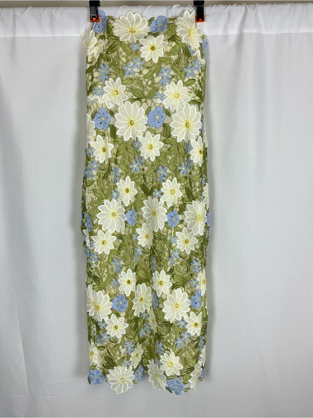 Dessy Collection Strapless Daisy Lace Midi Dress in Green & White - Picture 2 of 6